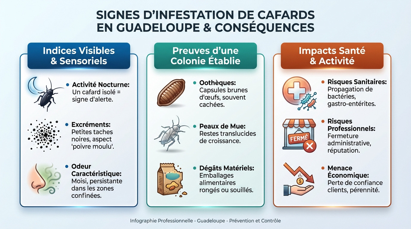 Signes visibles d'infestation de cafards dans une cuisine professionnelle en Guadeloupe