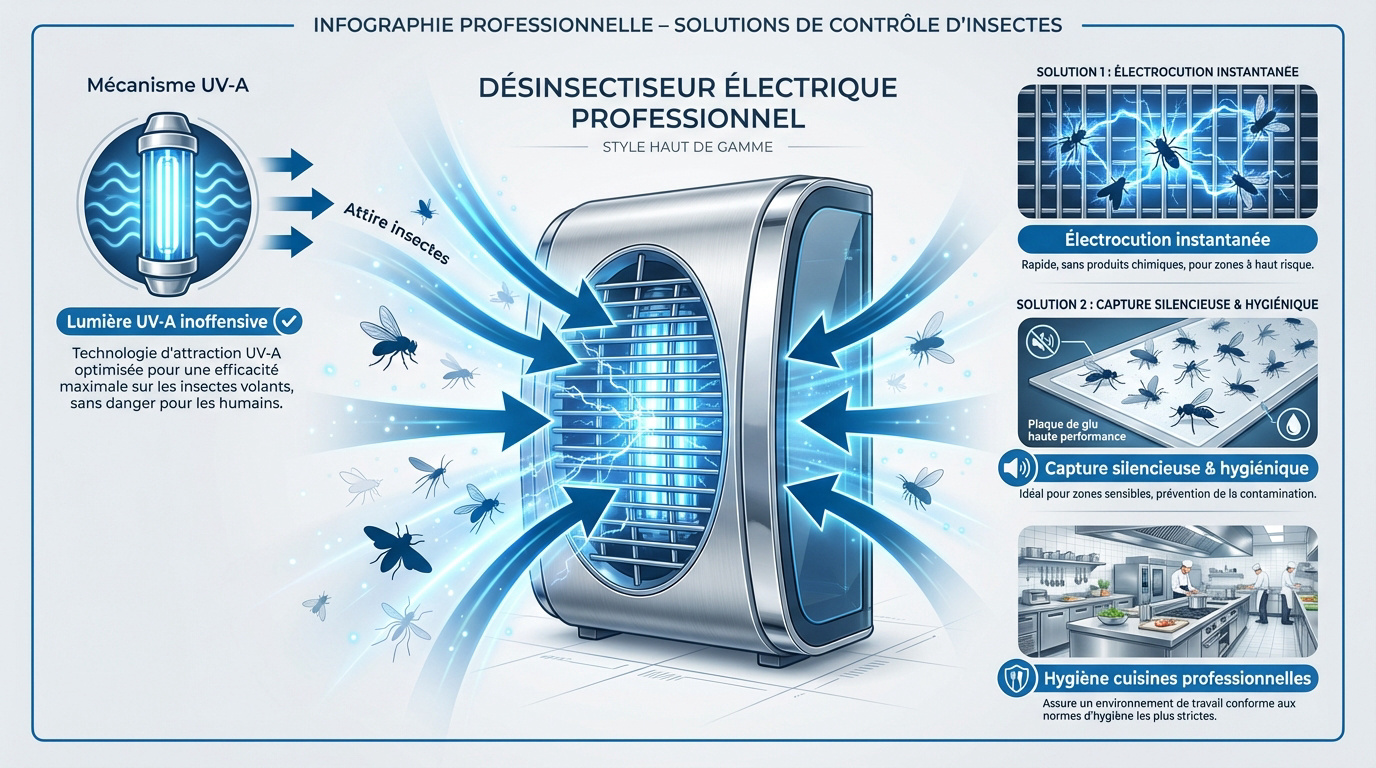 Infographie expliquant le fonctionnement d'un d&eacute;sinsectiseur &eacute;lectrique professionnel