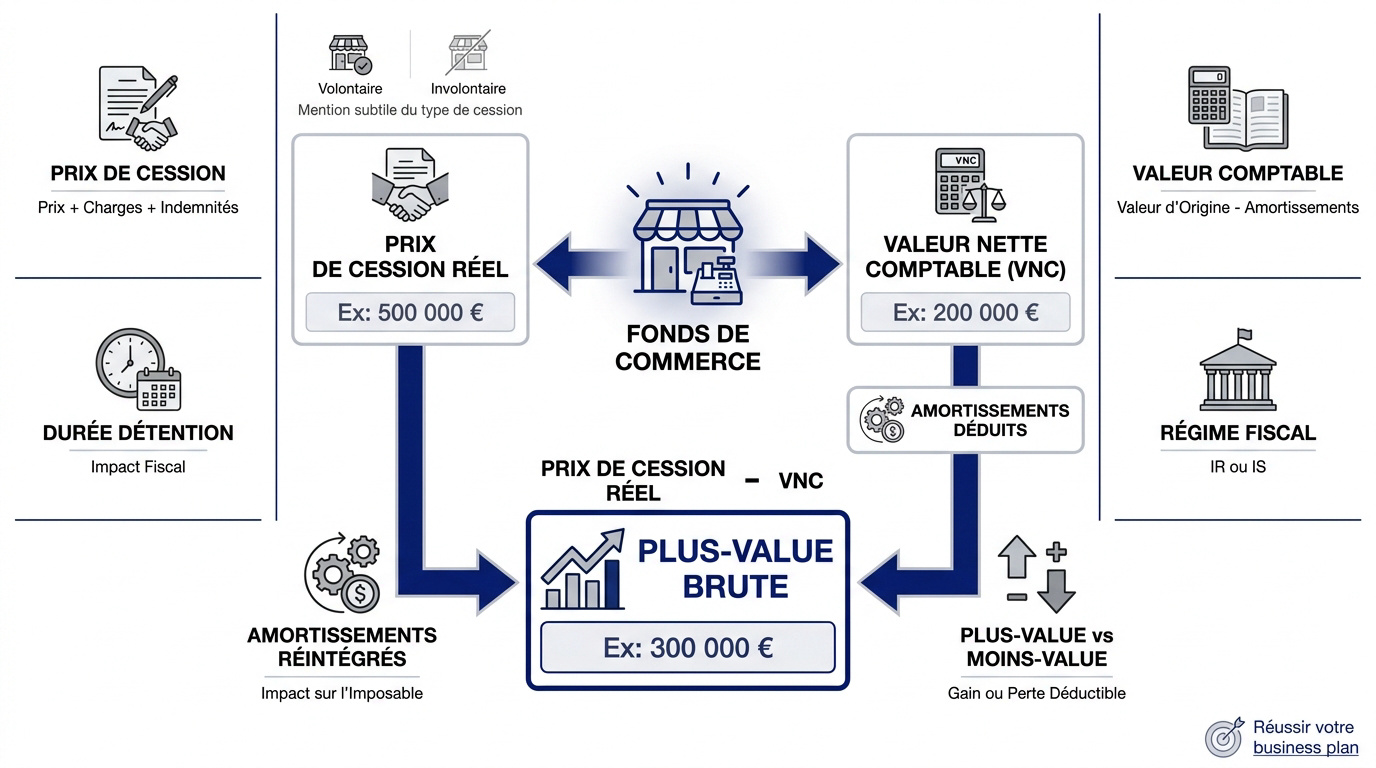 Schéma explicatif du calcul de la plus-value lors de la cession d'un fonds de commerce