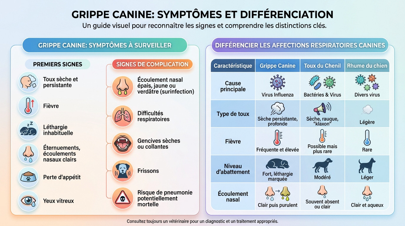 Tableau comparatif des symptômes entre grippe canine, toux du chenil et rhume