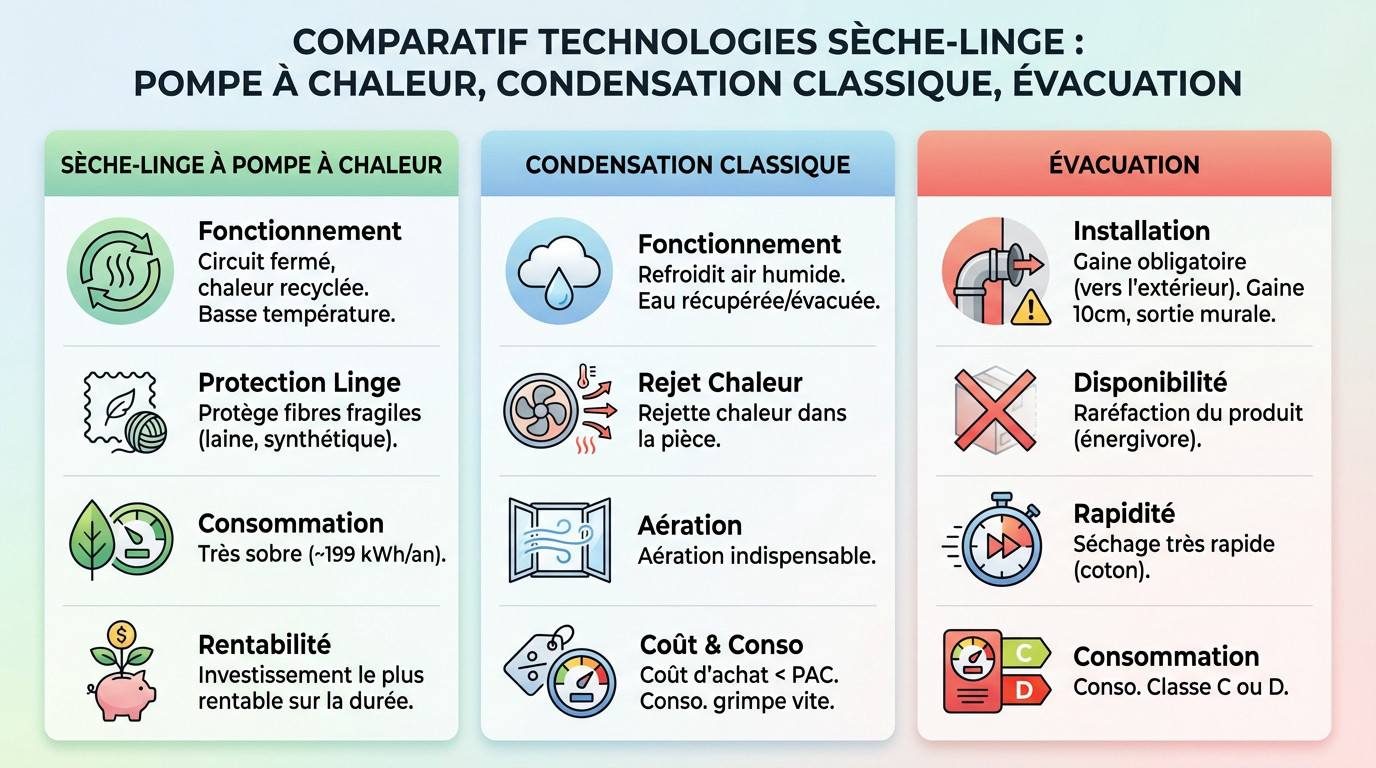 Comparaison des technologies de sèche-linge : pompe à chaleur, condensation et évacuation