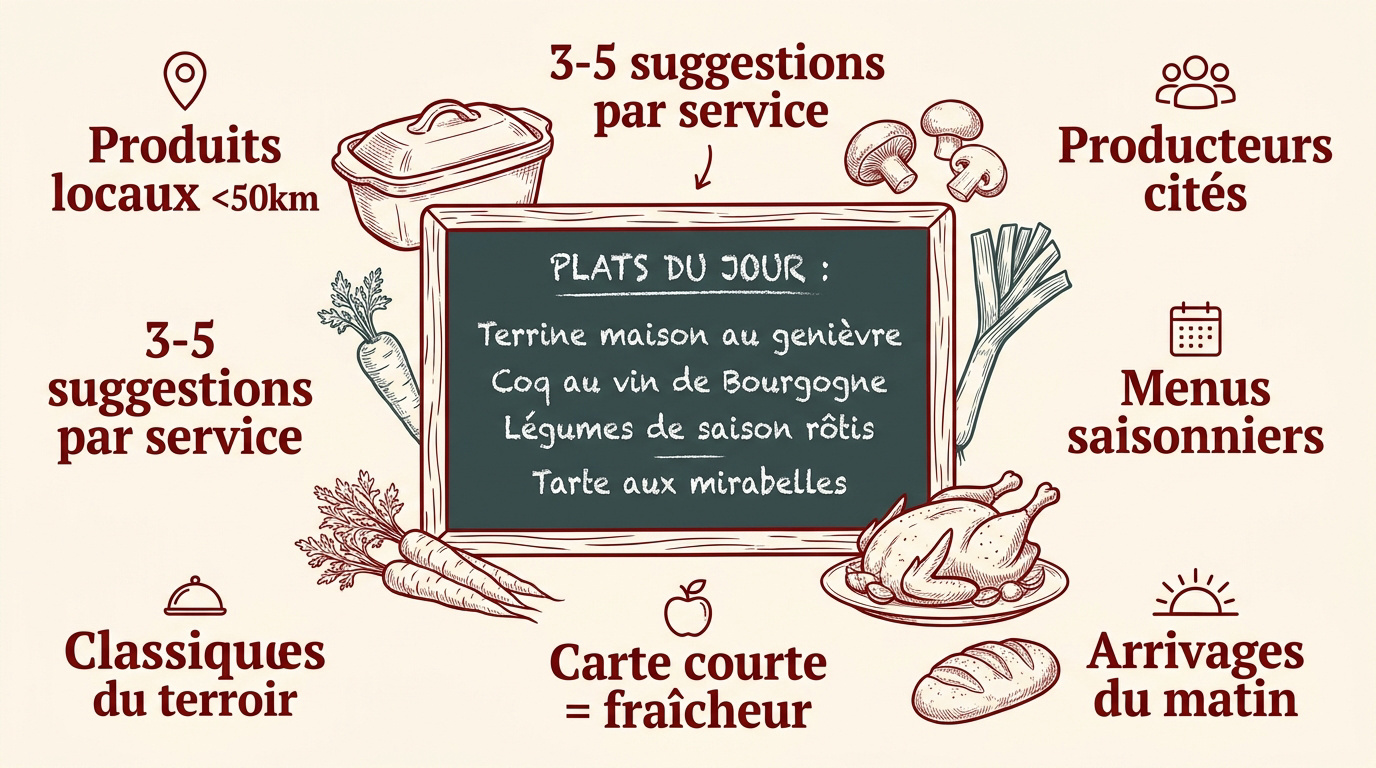 Ardoise de menu d'une auberge traditionnelle française présentant des plats du terroir écrits à la craie