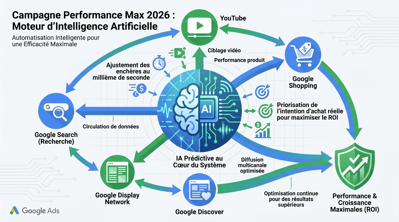 Schéma du fonctionnement de l'IA Google Ads Performance Max en 2026