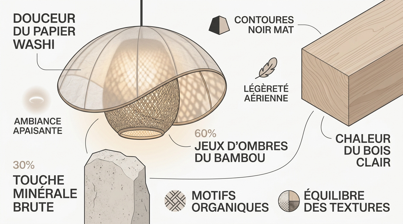 Infographie présentant les matières organiques comme le bambou et le papier de riz pour une suspension japandi