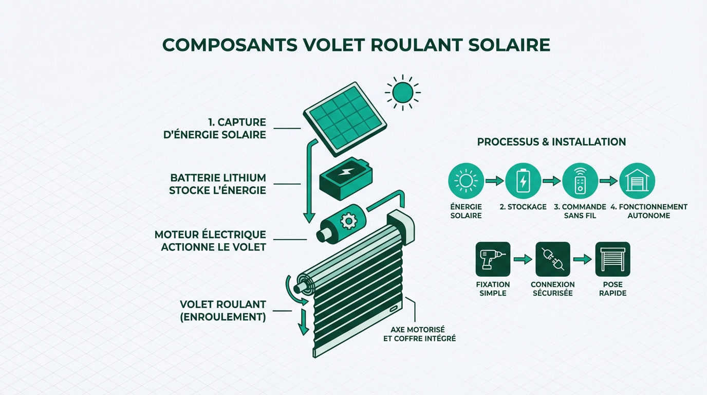 Infographie détaillant les composants panneau solaire batterie et moteur d'un volet roulant autonome