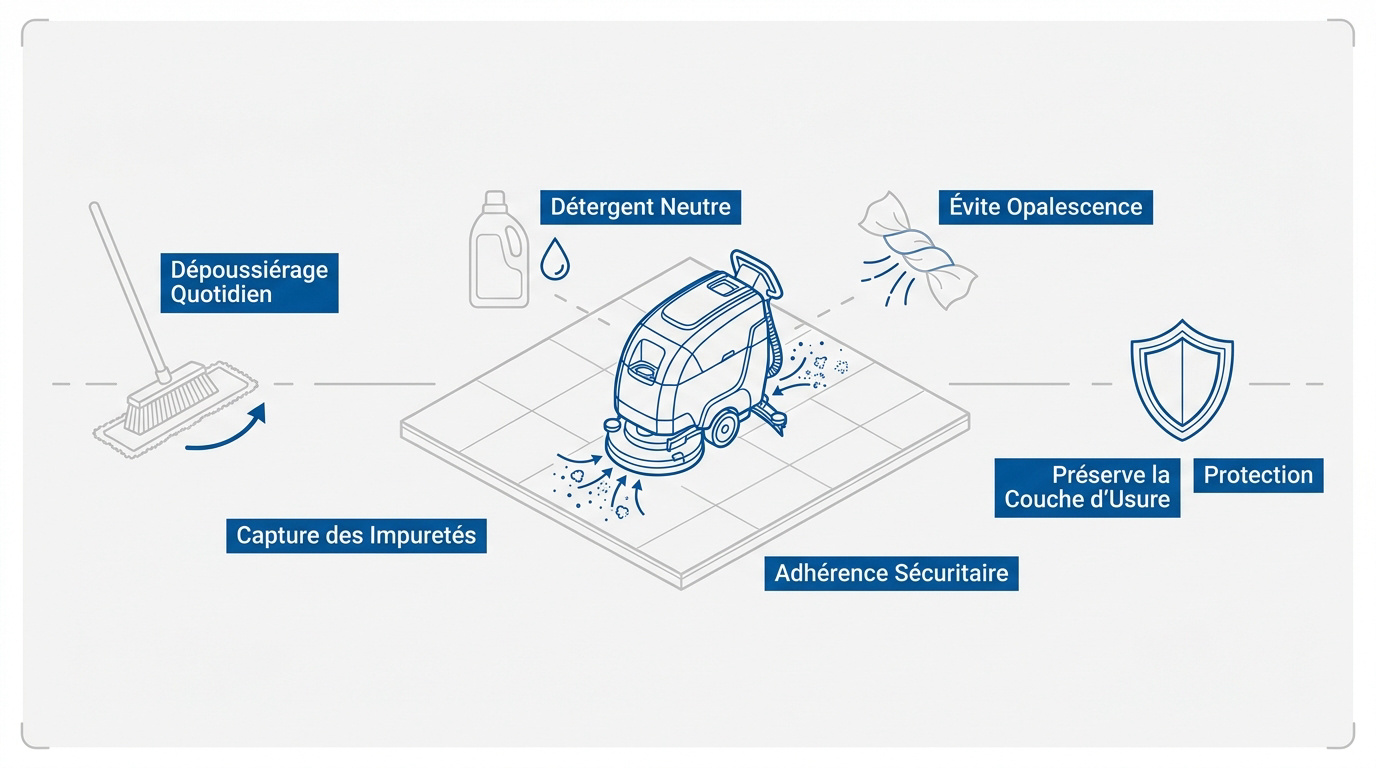 Infographie détaillant les étapes clés du nettoyage d'un sol PVC industriel
