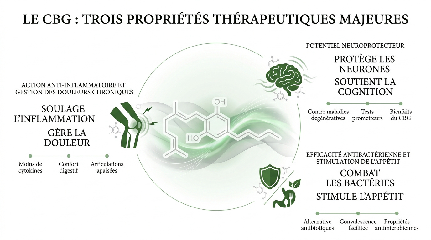 Infographie détaillant les trois propriétés thérapeutiques majeures du CBG sur l'organisme