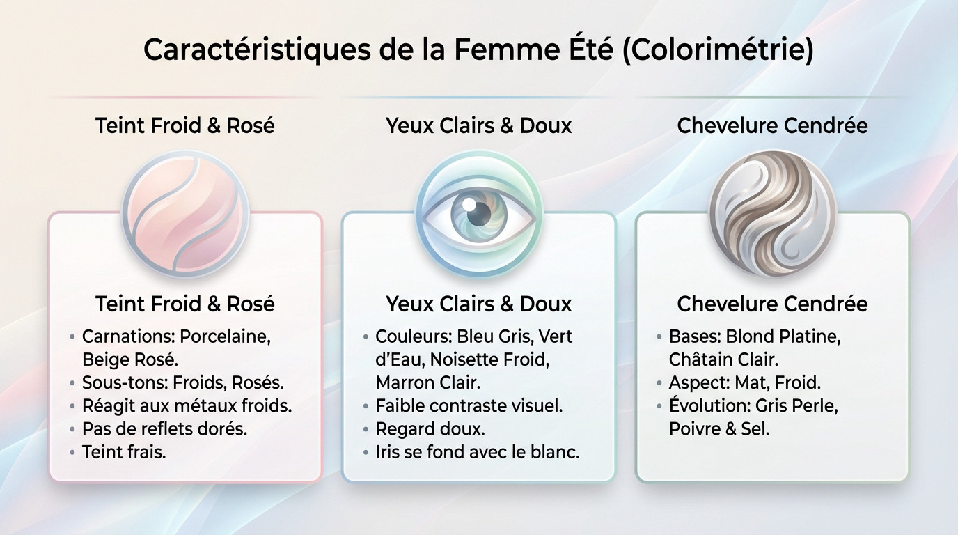 Portrait illustrant les caractéristiques physiques de la femme été : teint clair froid et cheveux cendrés