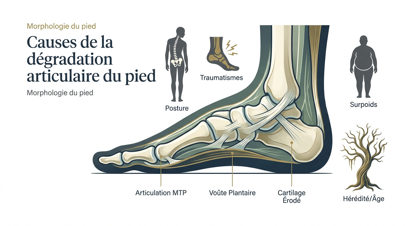 Arthrose du pied : symptômes et solutions pour marcher sans douleur Illustration des causes de l'arthrose du pied et de la dégradation cartilagineuse