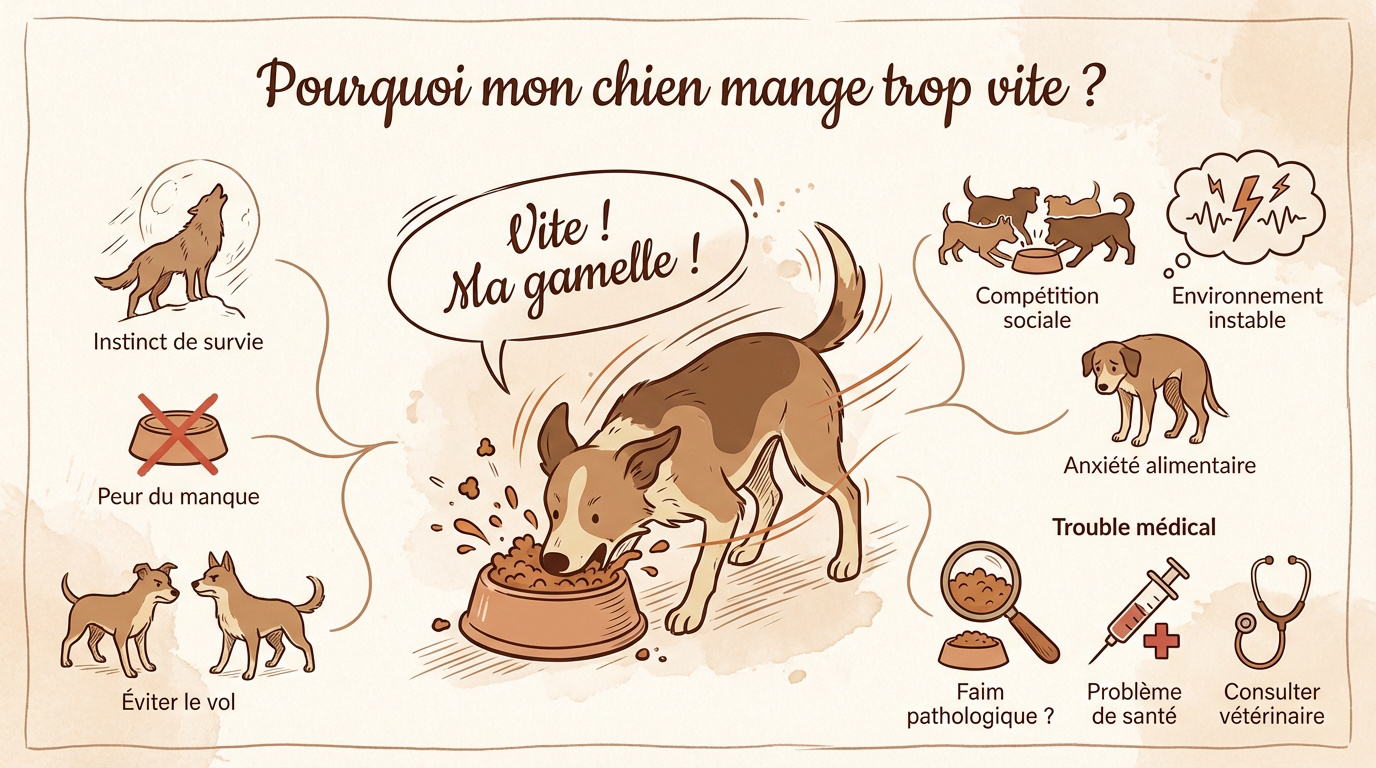 Chien glouton dévorant sa gamelle de croquettes avec empressement