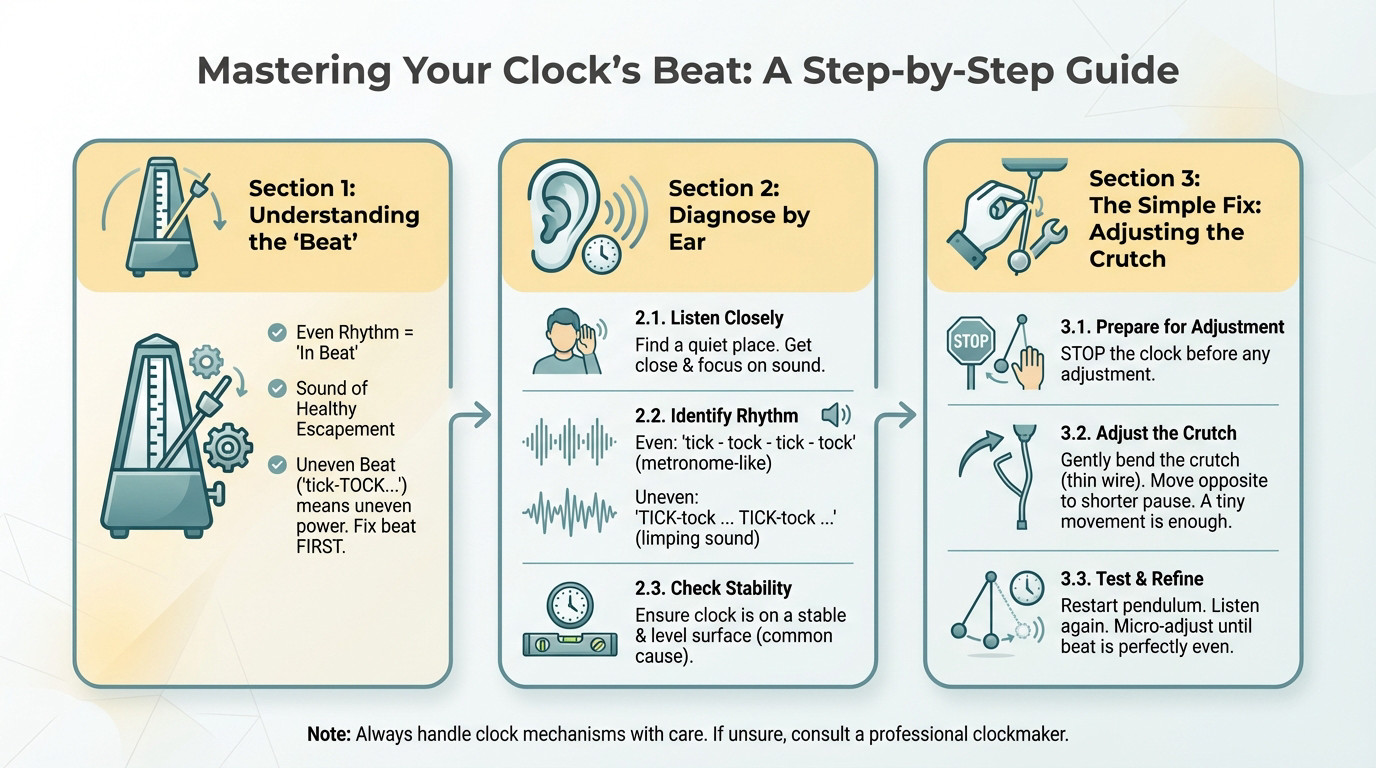 Close-up of a clock mechanism showing the pendulum and crutch for beat adjustment