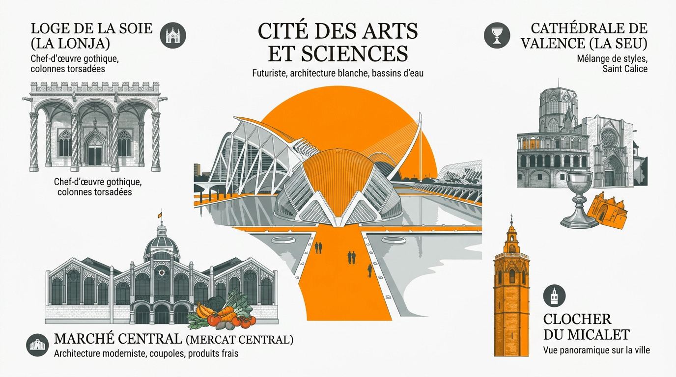 Vue panoramique sur les monuments historiques et la Cité des Arts de Valence Espagne