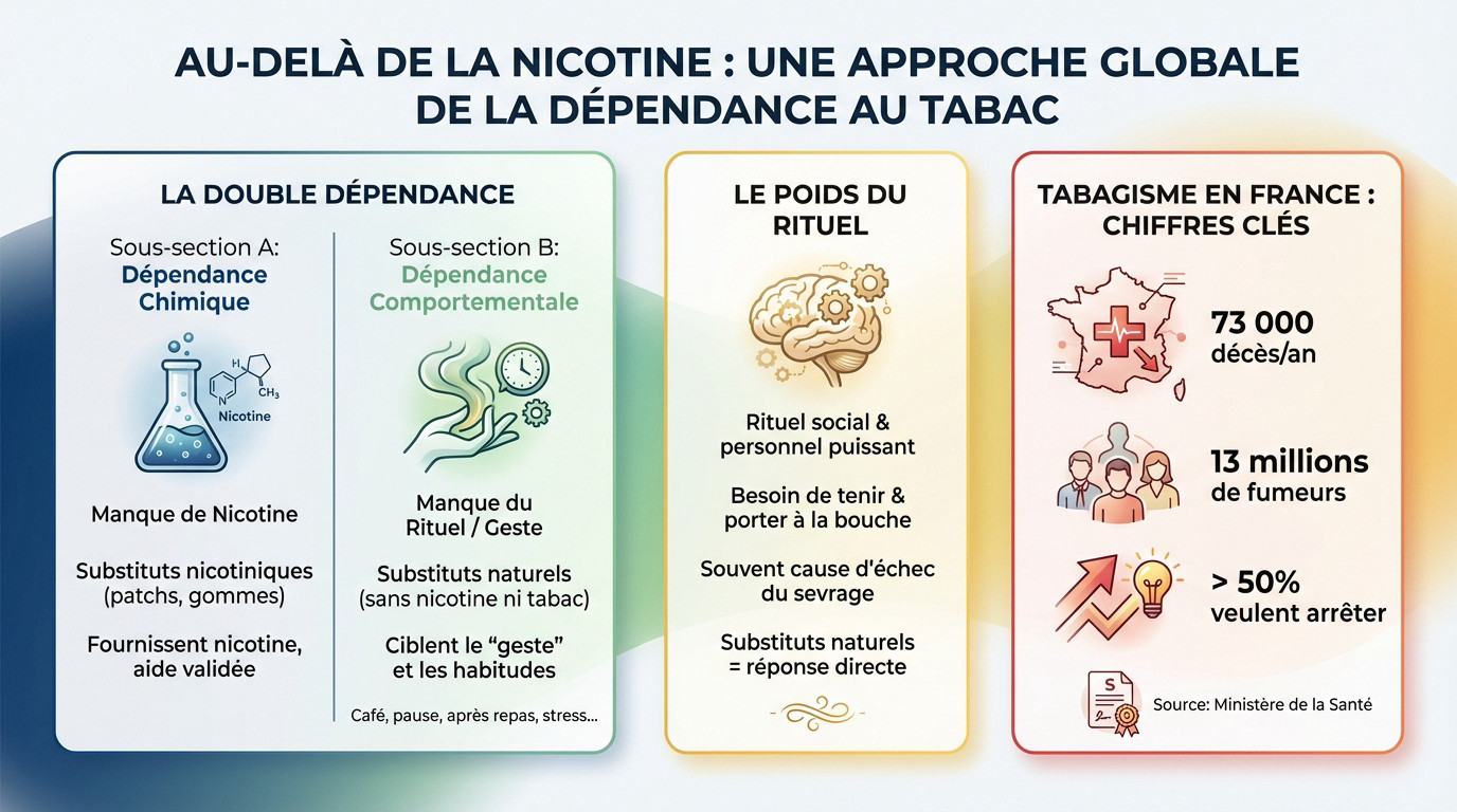 Schéma comparatif entre la dépendance chimique à la nicotine et la dépendance comportementale au geste