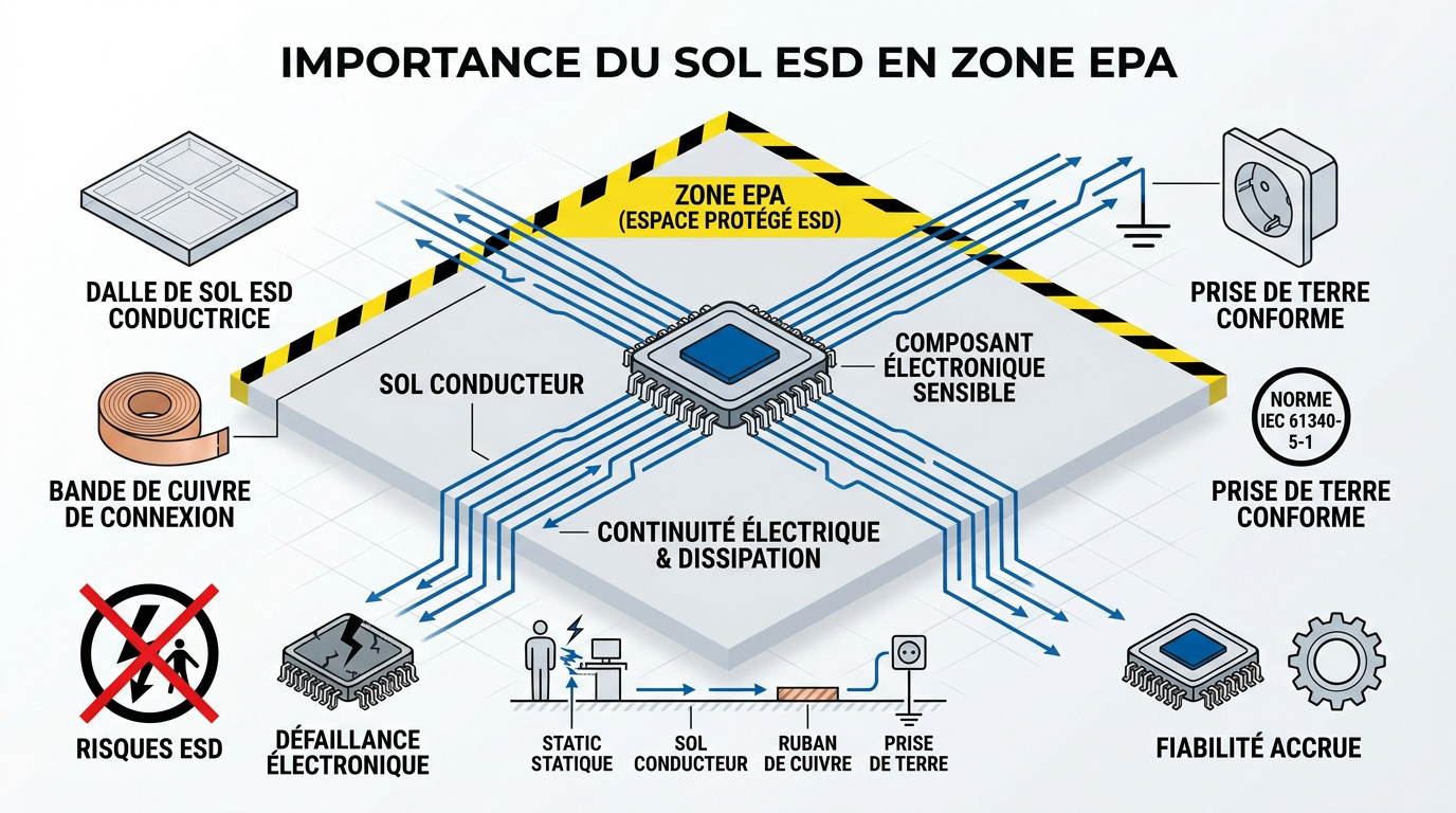 Schéma technique illustrant l'importance d'un sol ESD pour la protection des composants en zone EPA