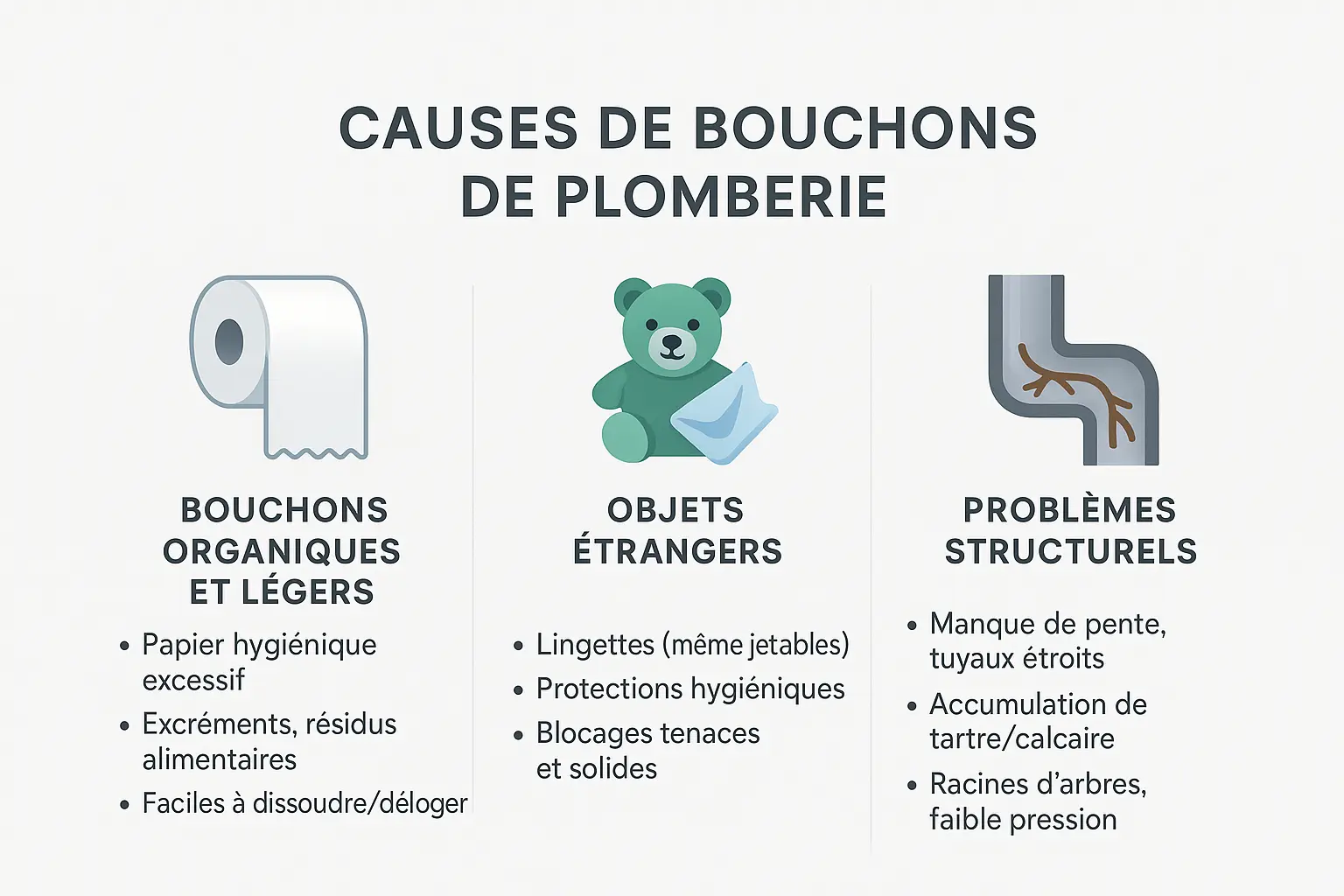 Illustration des causes de bouchons de plomberie