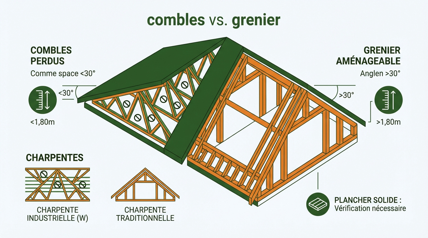 Comparaison visuelle entre un grenier de stockage et des combles aménageables sous charpente traditionnelle