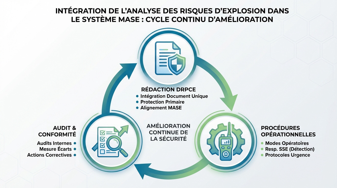 Schéma d'intégration de l'analyse des risques d'explosion dans le cycle d'amélioration continue MASE