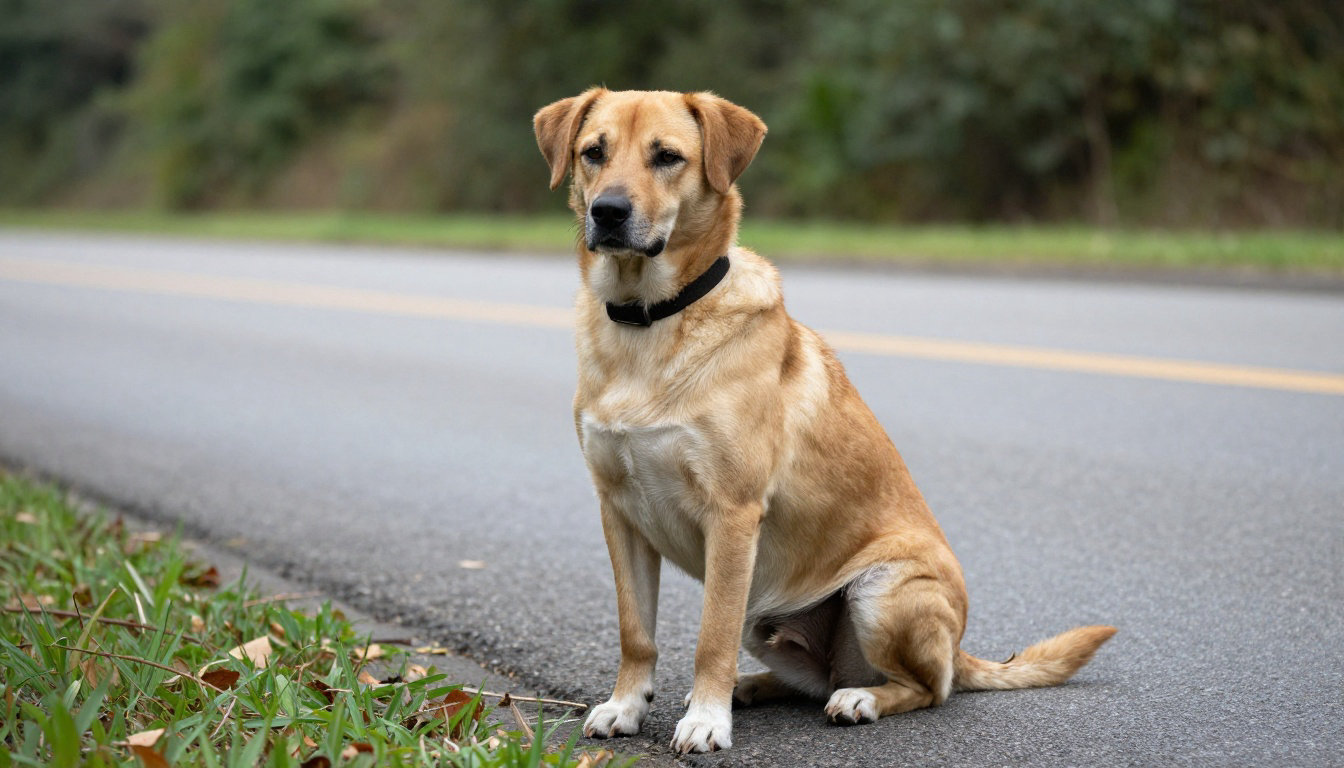 Chien assis au bord de la route lors d'une pause