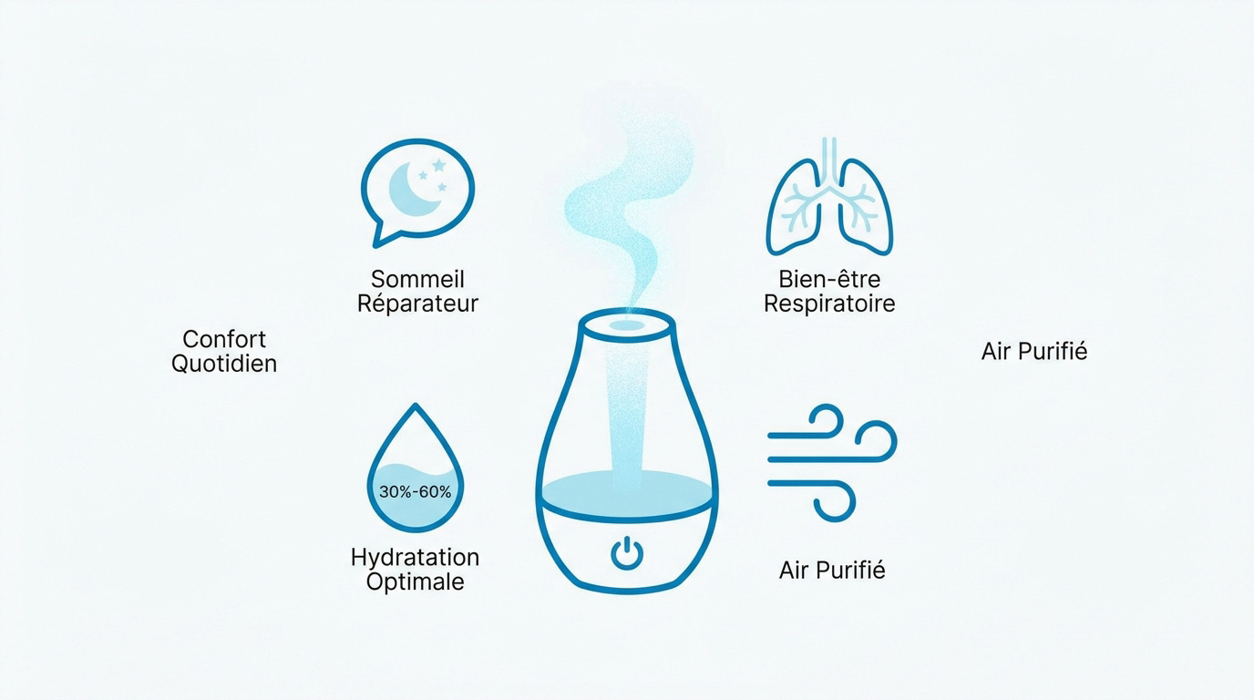 Un humidificateur d'air design diffusant une brume légère dans une chambre pour un meilleur confort respiratoire