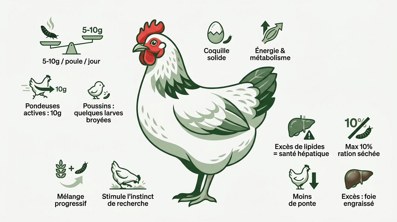 Distribution de larves de mouche soldat noire aux poules