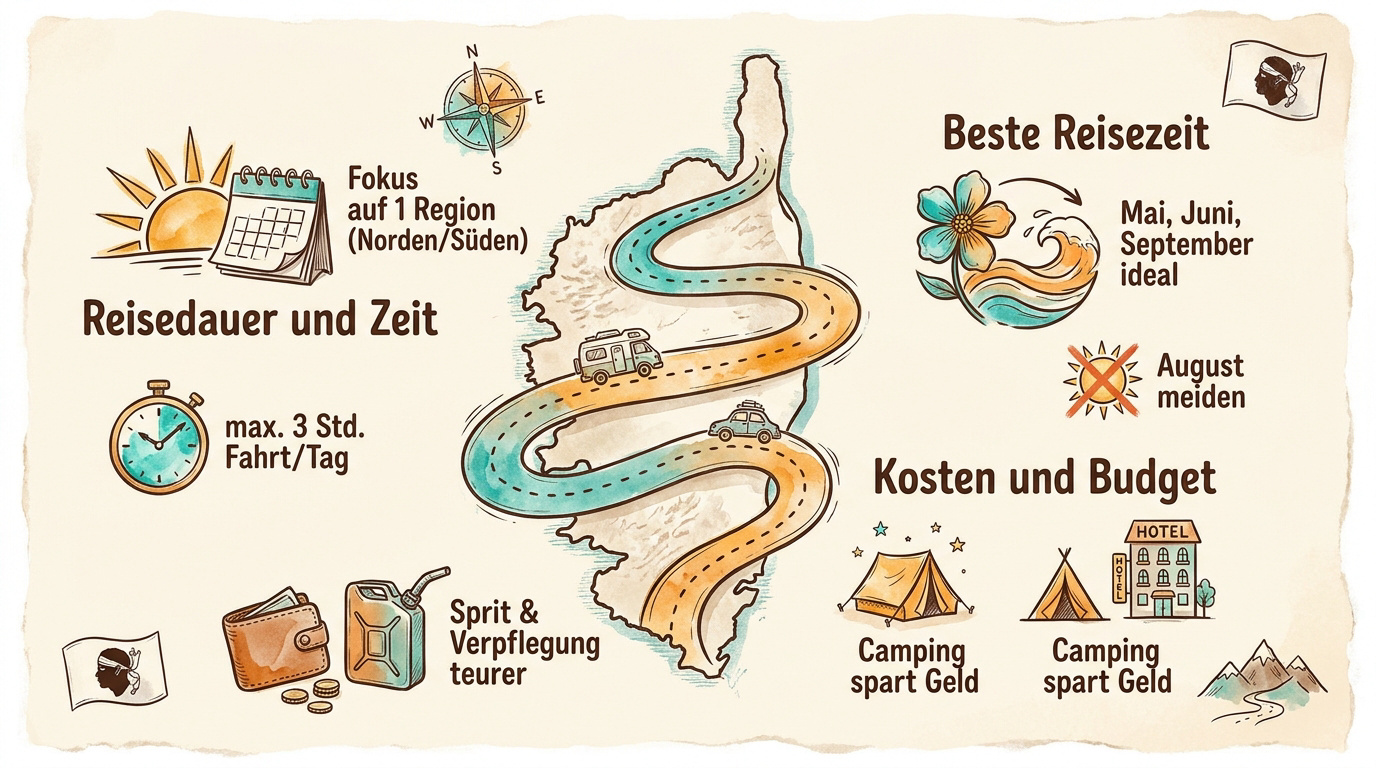 Infografik zur Planung einer Korsika Rundreise mit Distanzen und Reisezeiten