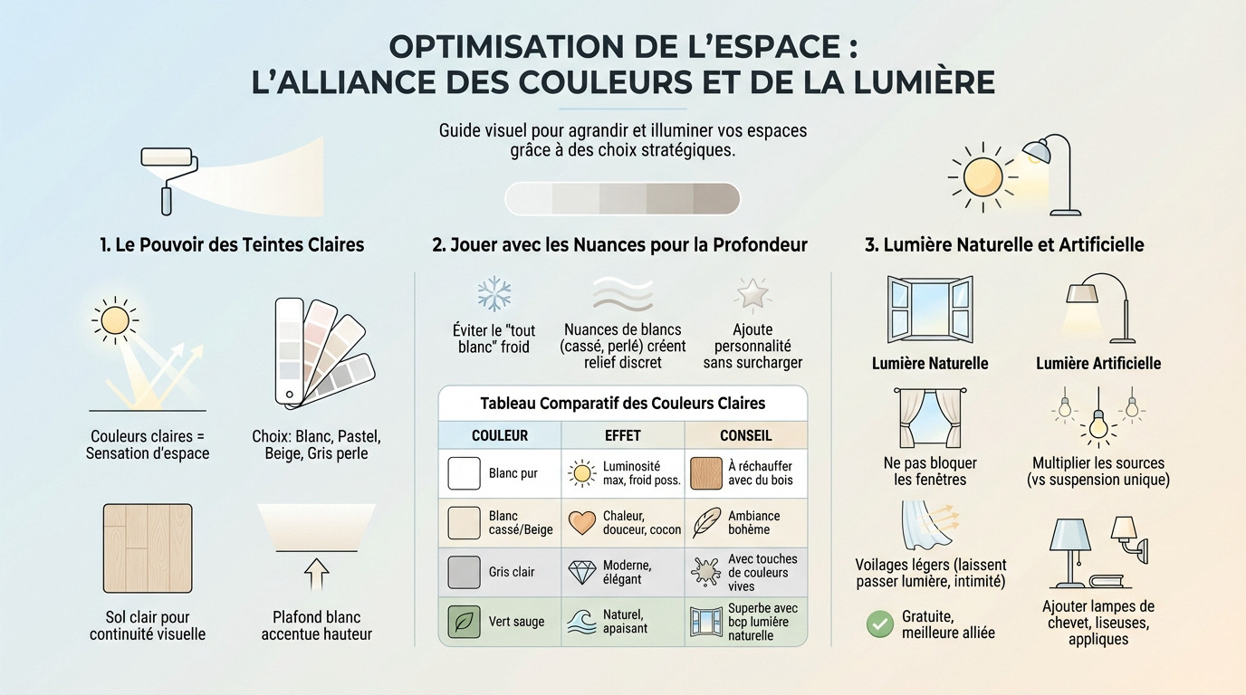 Petite chambre lumineuse optimisée avec des couleurs claires et un éclairage soigné