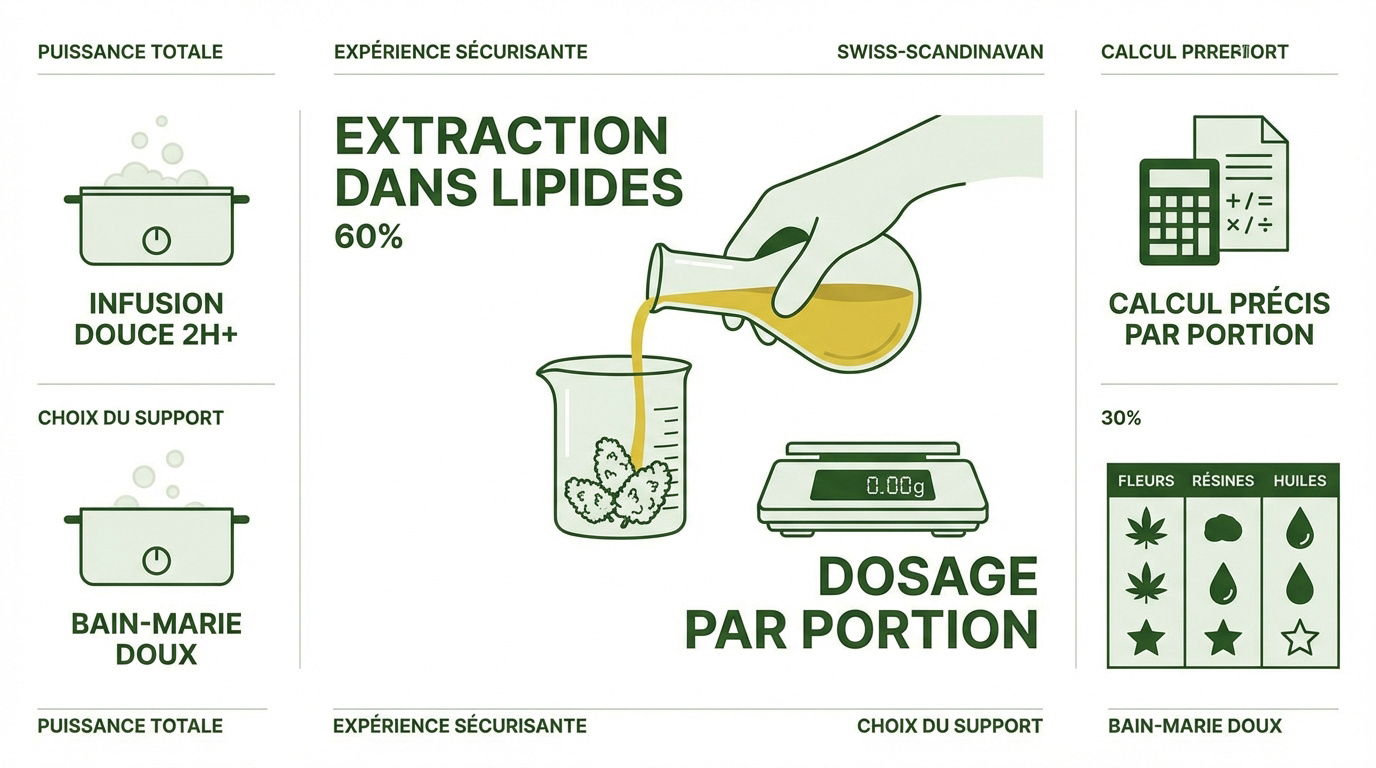 Infographie expliquant la décarboxylation et l'infusion du CBD dans le beurre