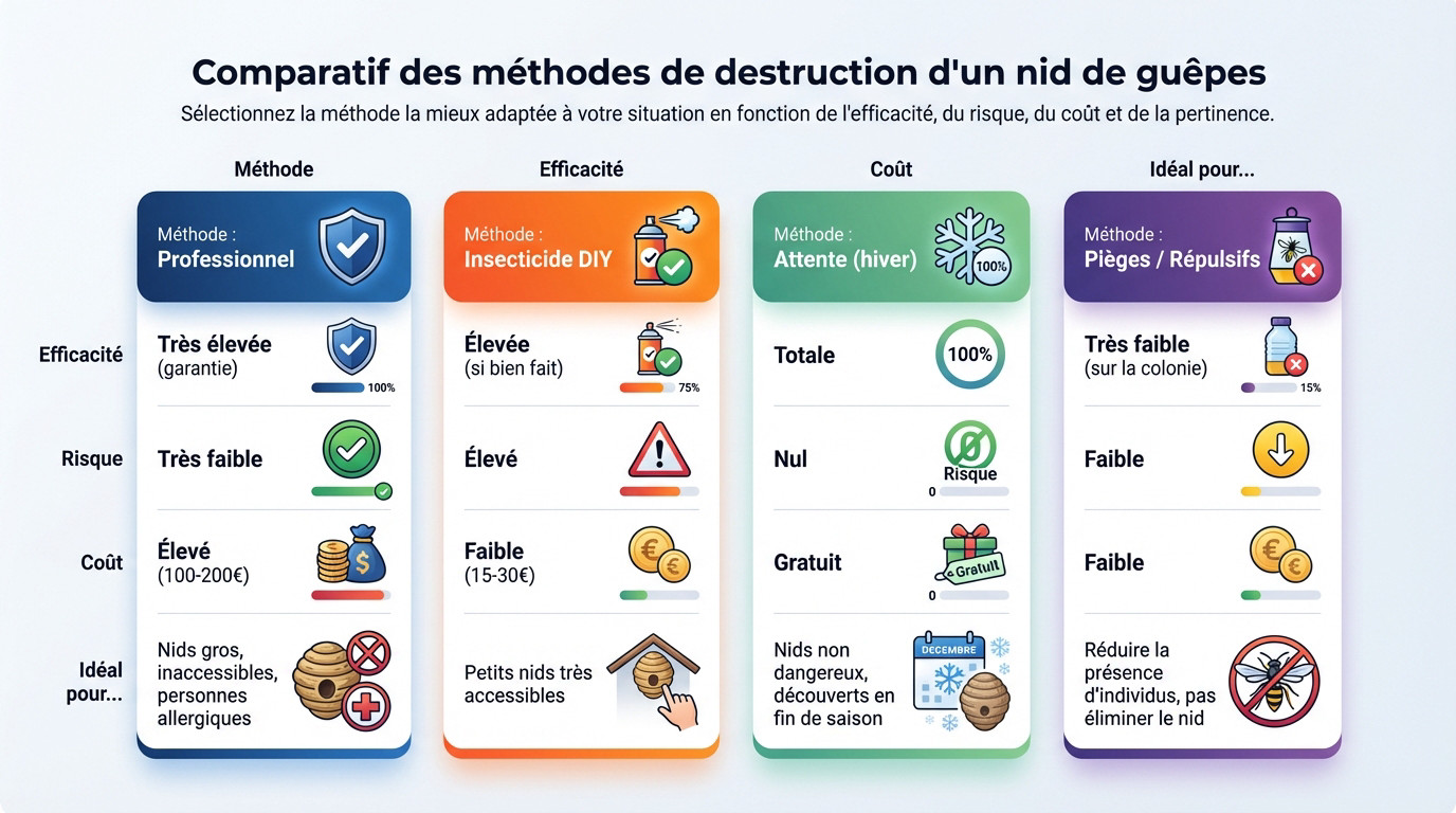 Tableau comparatif des méthodes de destruction d'un nid de guêpes