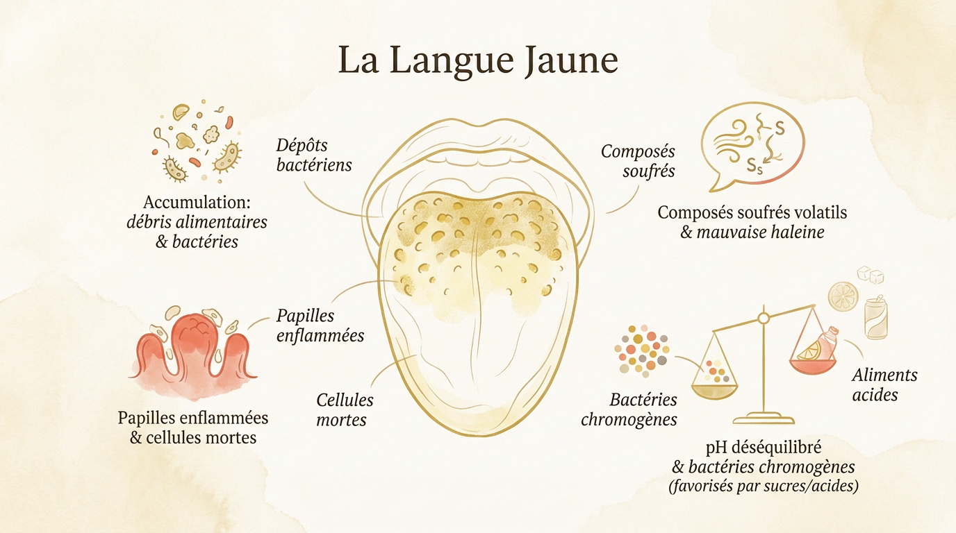Observation d'un dépôt jaunâtre sur les papilles de la langue devant un miroir