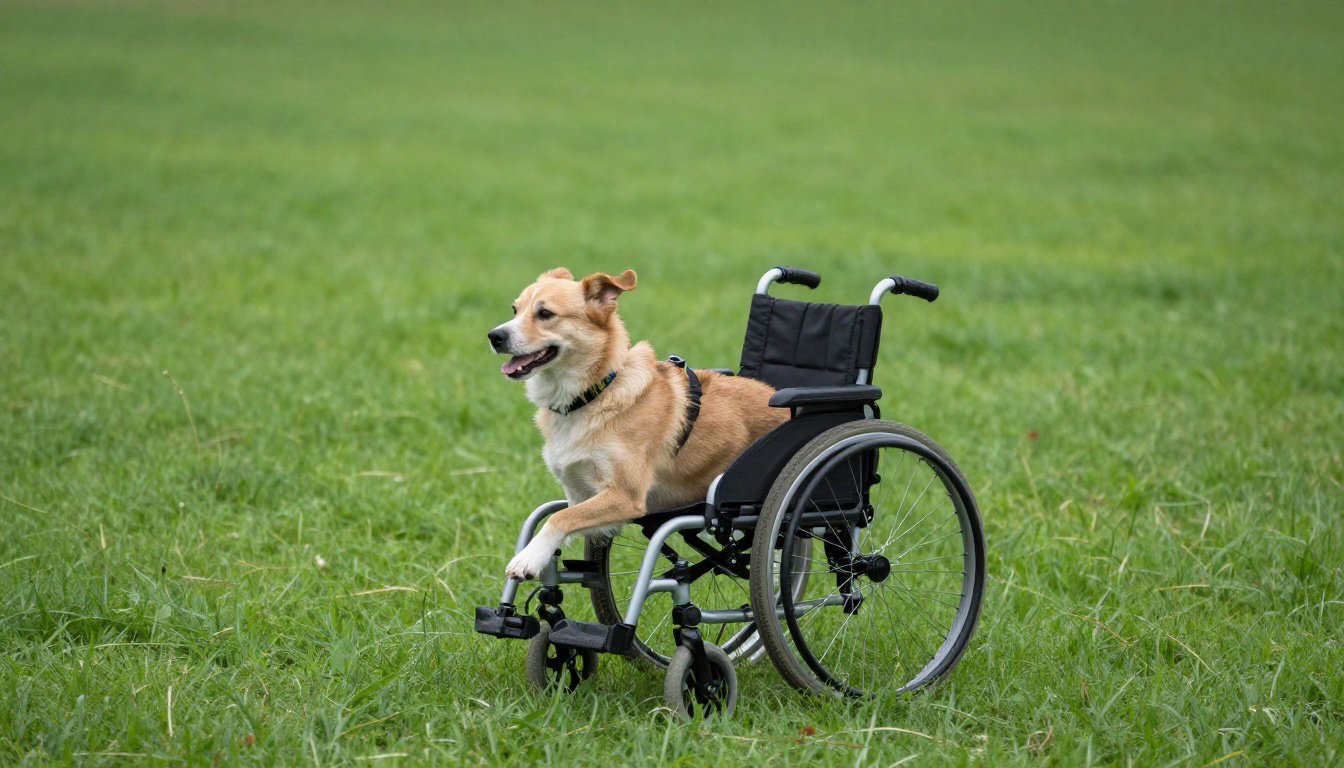 Chien heureux dans un fauteuil roulant sur l'herbe