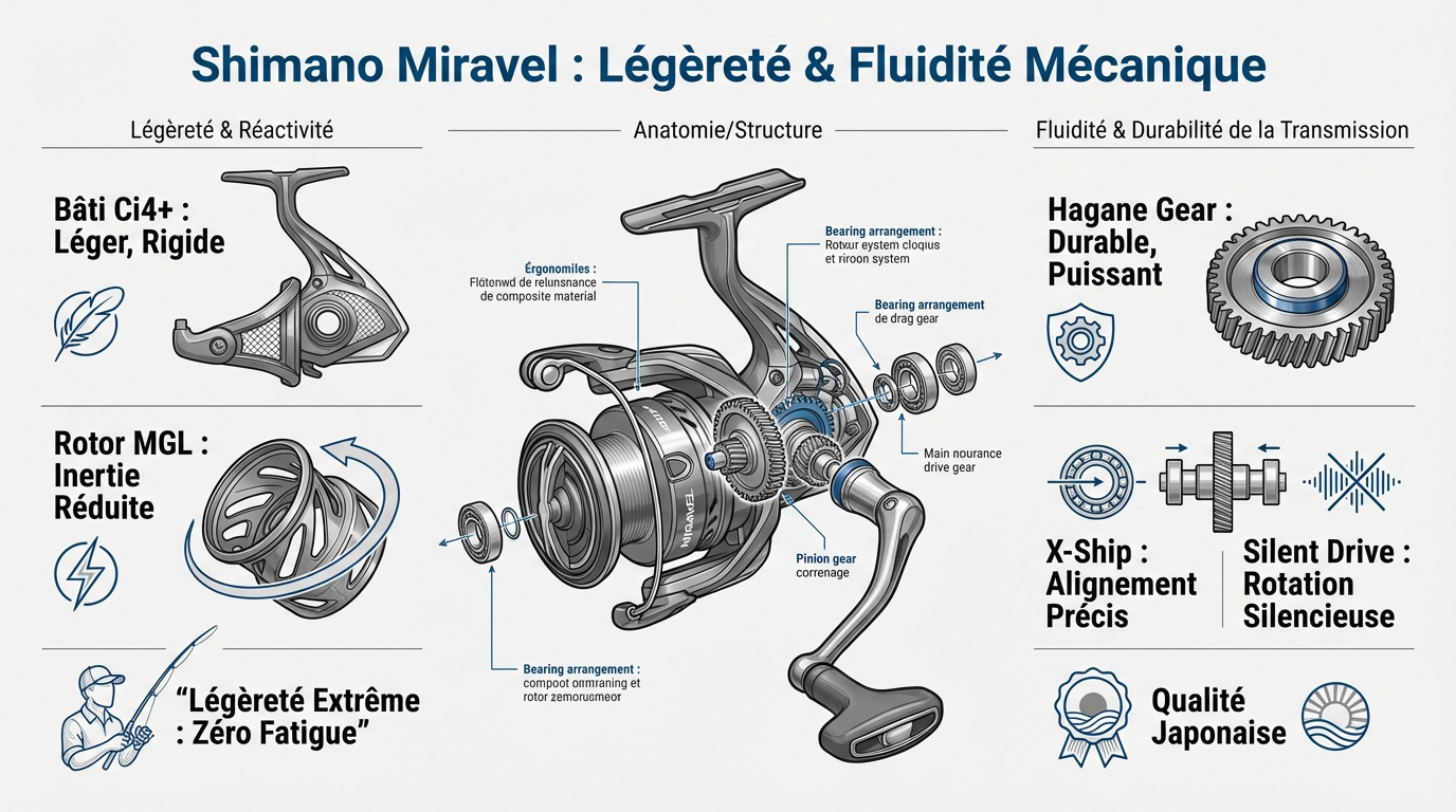 Moulinet Shimano Miravel posé au bord de l'eau mettant en avant sa légèreté