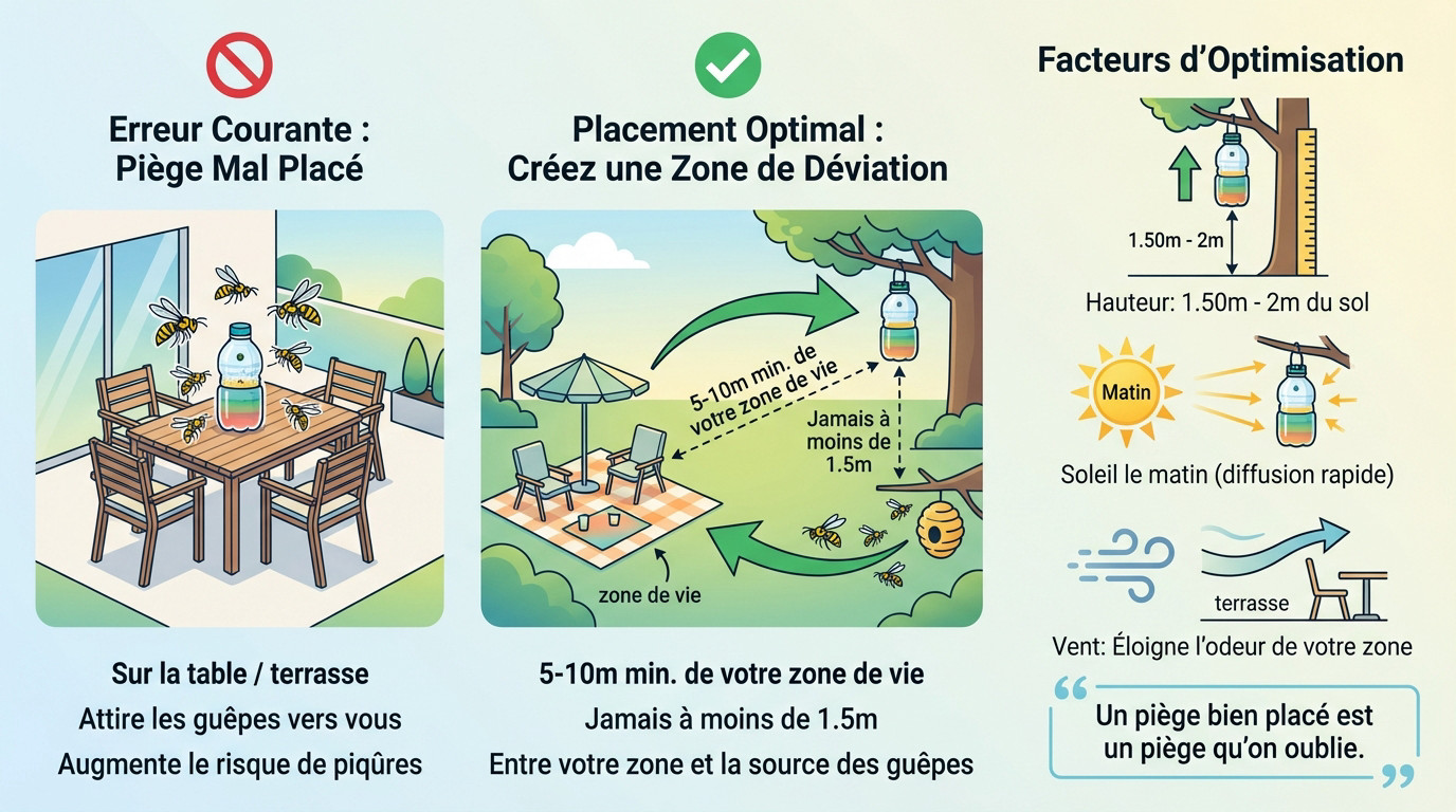 Schéma montrant la distance idéale de 5 à 10 mètres pour placer un piège à guêpes loin de la terrasse