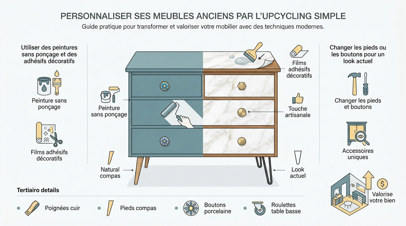 Atelier d'upcycling pour transformer une commode ancienne avec de la peinture et de nouveaux accessoires