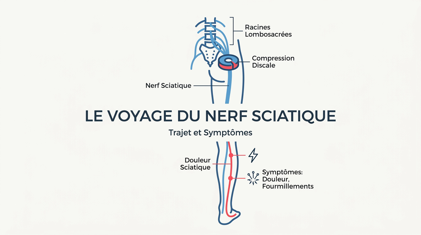 Schéma anatomique illustrant le trajet du nerf sciatique de la colonne lombaire jusqu'au pied