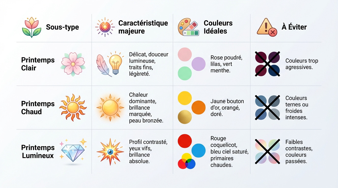 Illustration des trois sous-types de la colorimétrie printemps : clair, chaud et lumineux