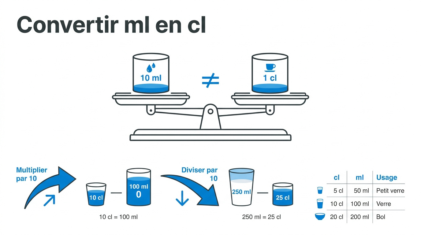 Tableau visuel pour convertir facilement les millilitres en centilitres en cuisine