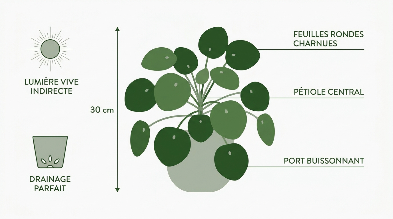Infographie présentant les caractéristiques et les conseils d'entretien du Pilea peperomioides