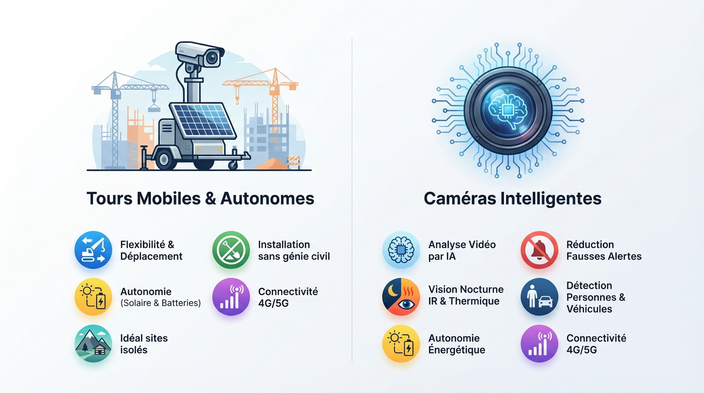 Tour de vidéosurveillance mobile autonome avec panneaux solaires sur un chantier de construction