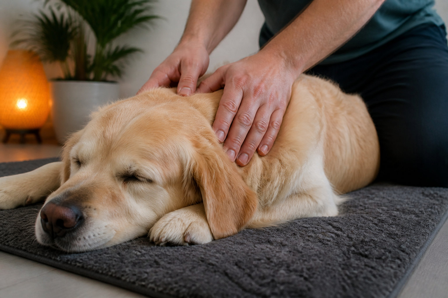 Golden retriever recevant un massage relaxant pour favoriser la circulation des fluides