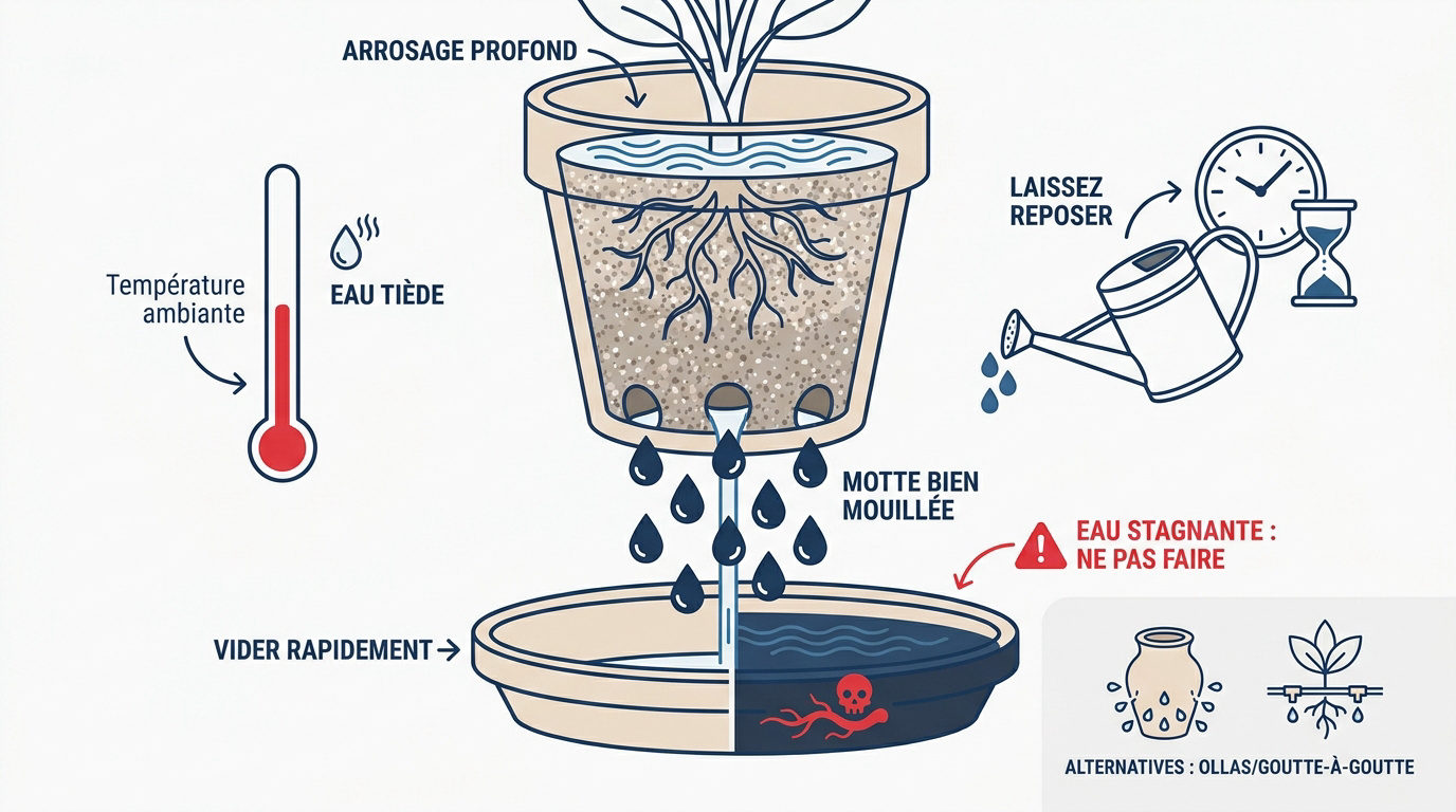 Arrosage profond d'un piment en pot jusqu'à écoulement par le drainage