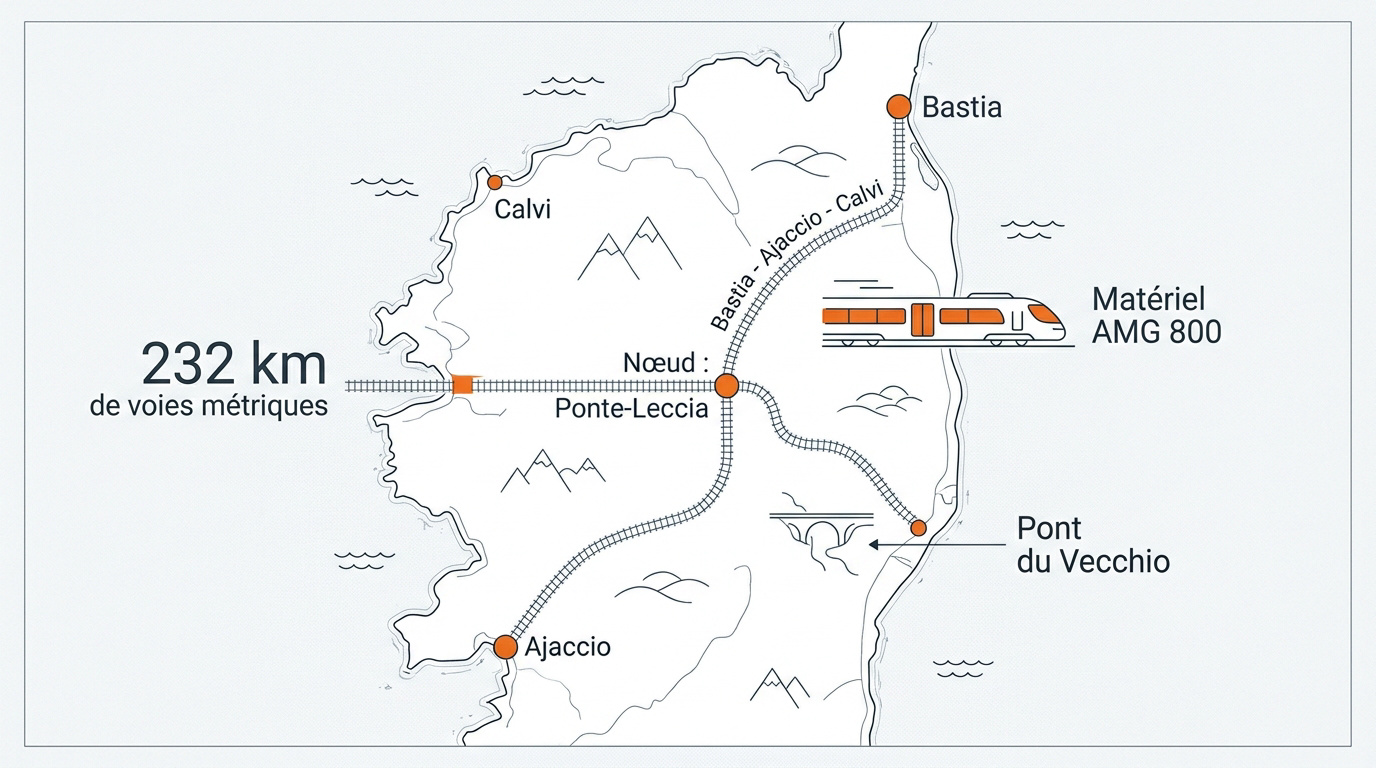 Train corse : horaires, tarifs et parcours de l'île en 2026 Carte détaillée du réseau ferroviaire corse montrant les lignes Bastia, Ajaccio et Calvi