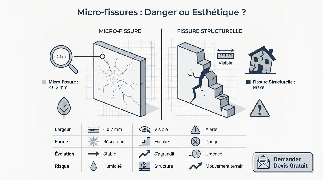 Zoom sur des micro-fissures de façade montrant un réseau de faïençage
