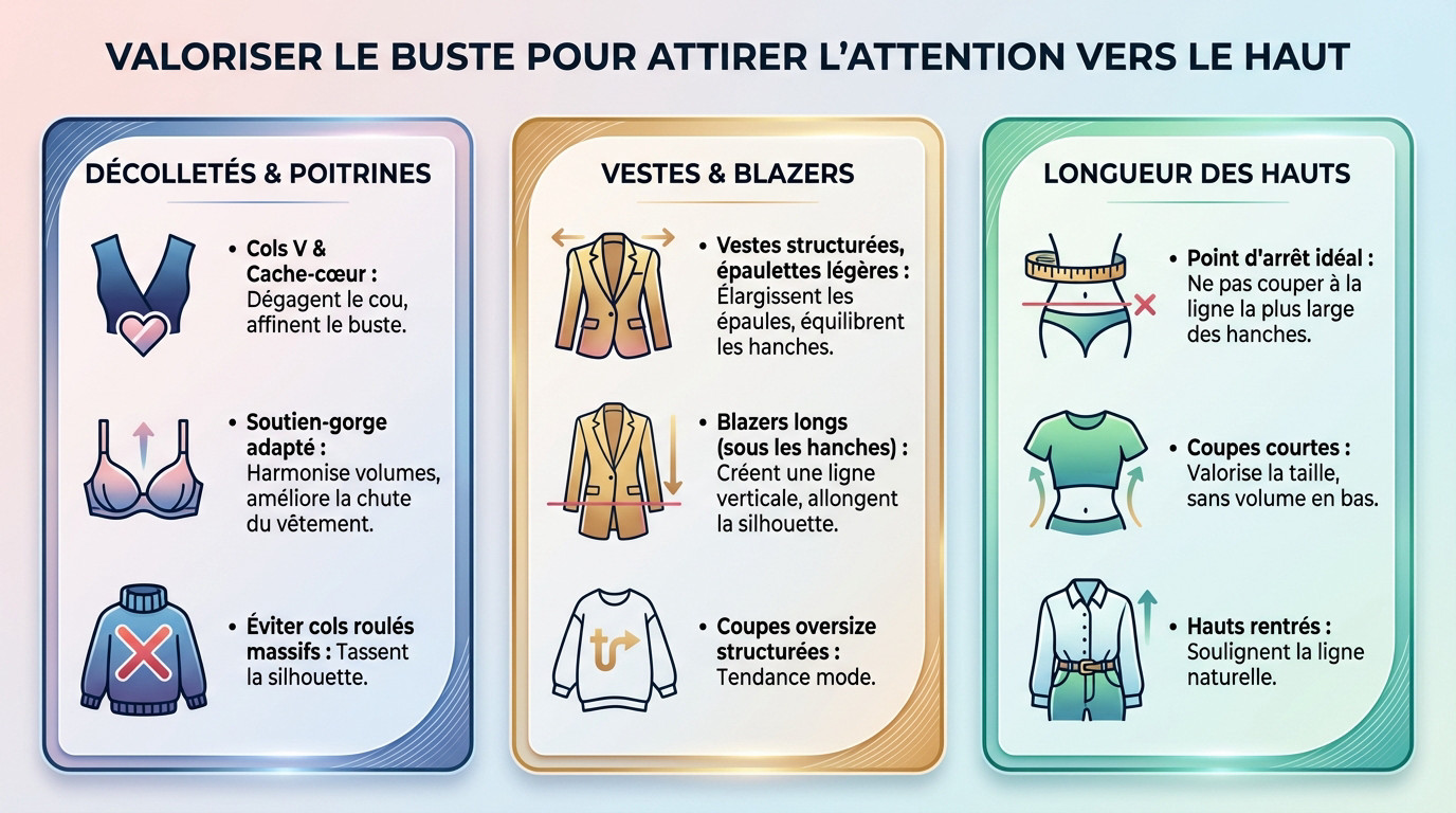 Infographie conseils style pour valoriser le buste et équilibrer la silhouette