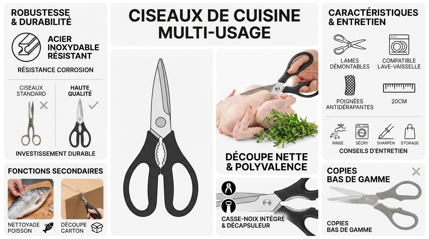 Ciseaux de cuisine multiusage en acier inoxydable avec fonctions casse-noix et décapsuleur