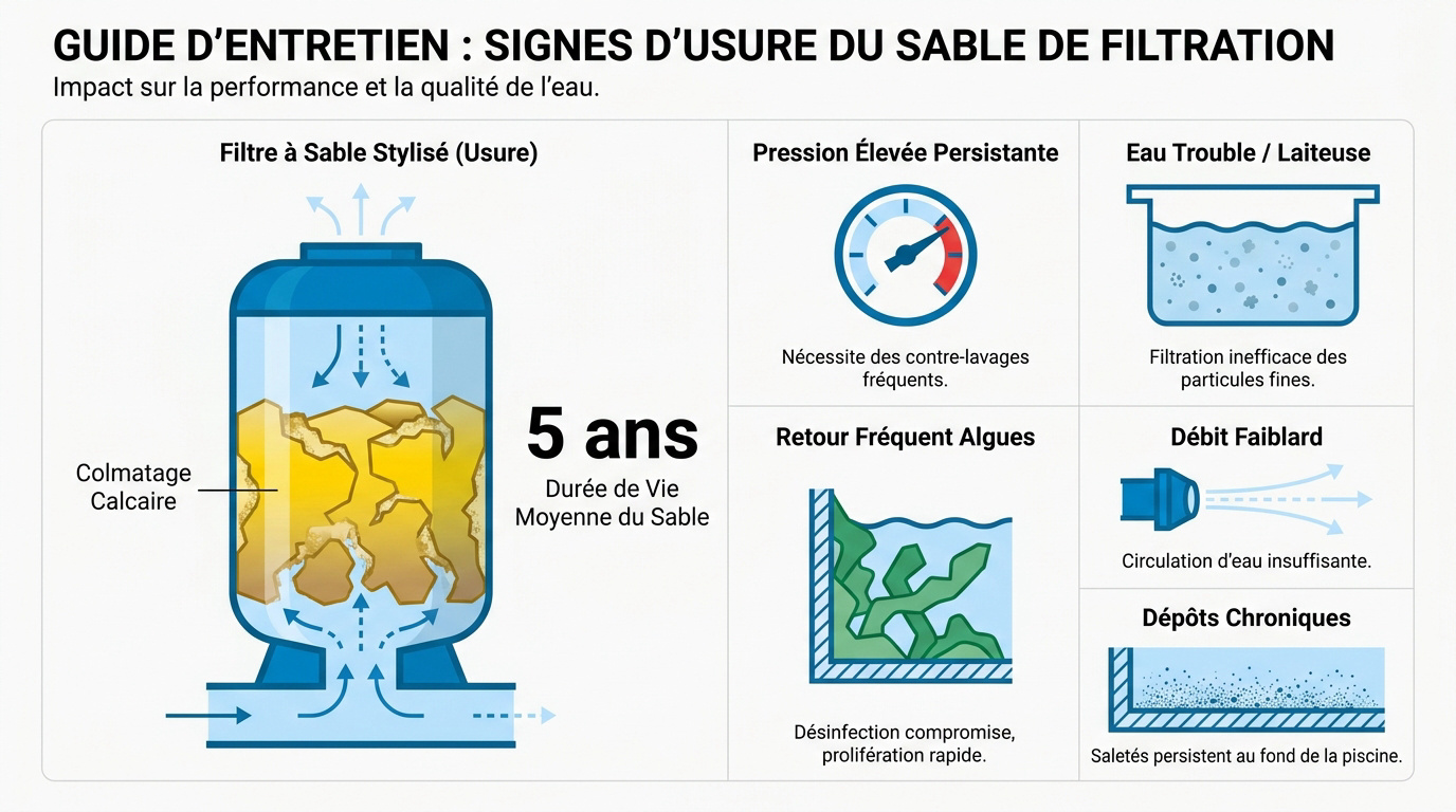 Schéma des signes d'usure du sable de filtration et colmatage du filtre