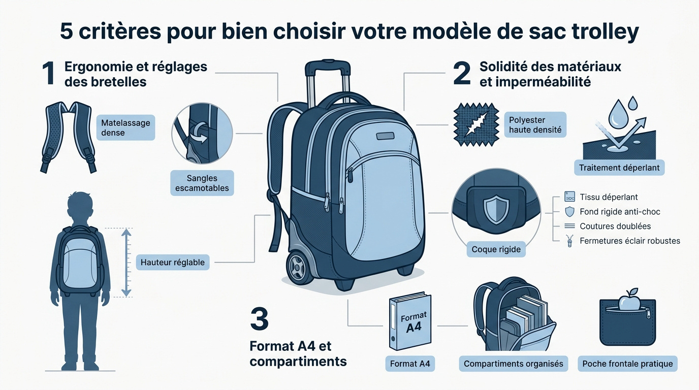 Cartable à roulettes : pour qui, pour quel usage ? Guide des 5 critères essentiels pour choisir un cartable à roulettes ergonomique et solide