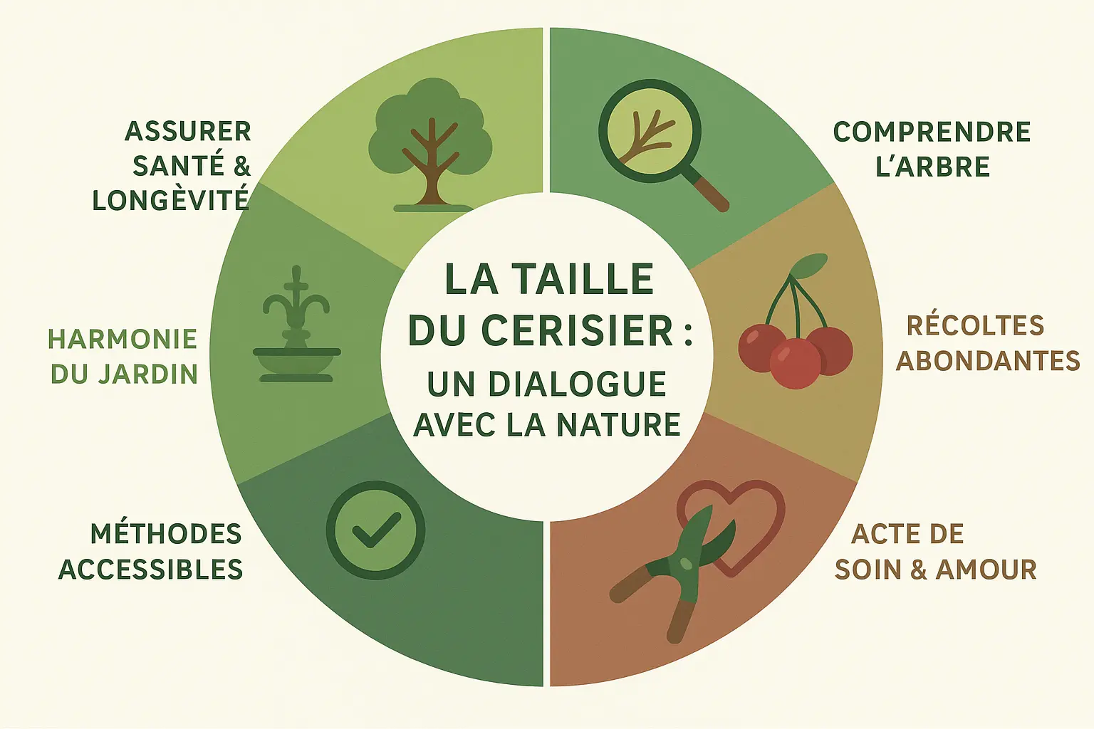 Illustration d'un cerisier en pleine floraison avec des étapes de taille
