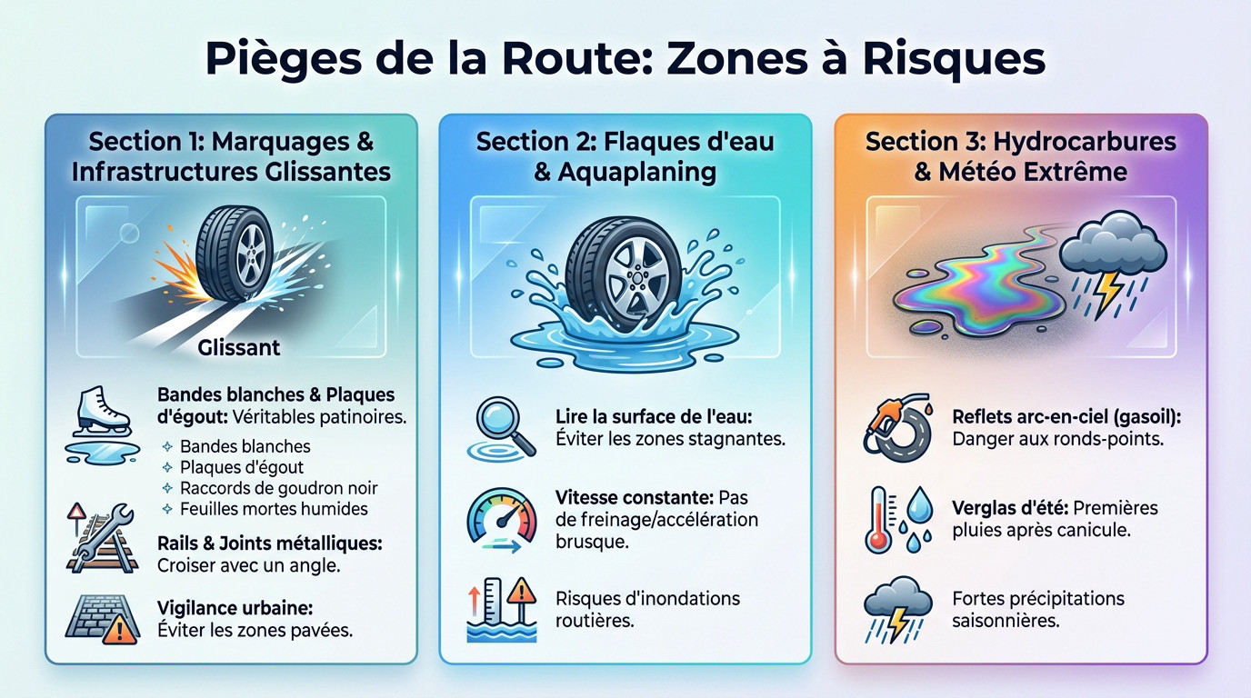 Motard identifiant les zones glissantes sur route mouillée