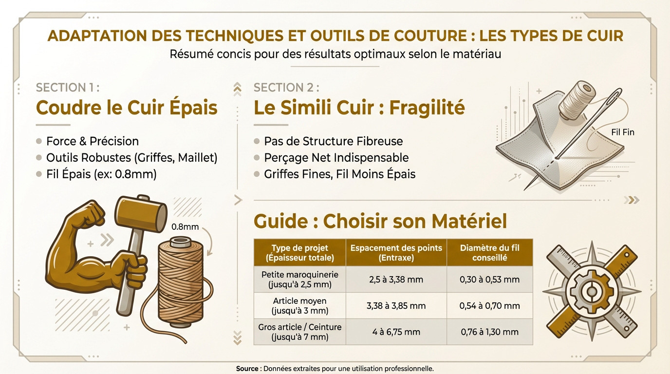 Outils de maroquinerie et bobines de fil adaptés aux différentes épaisseurs de cuir