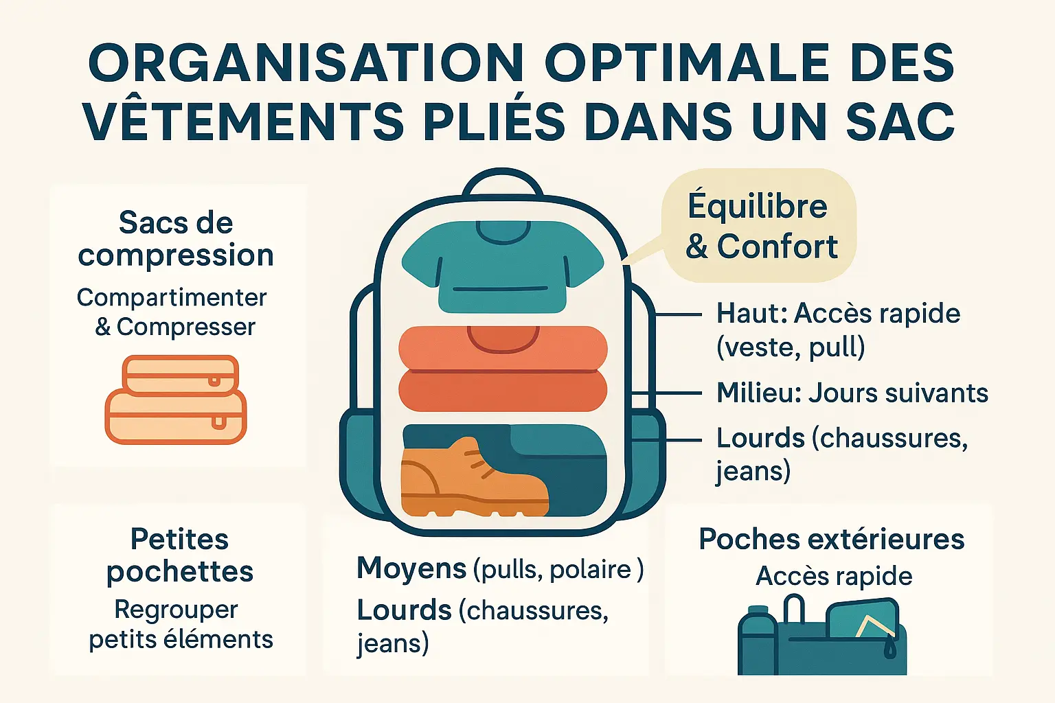 Organisation optimale des vêtements pliés dans un sac à dos